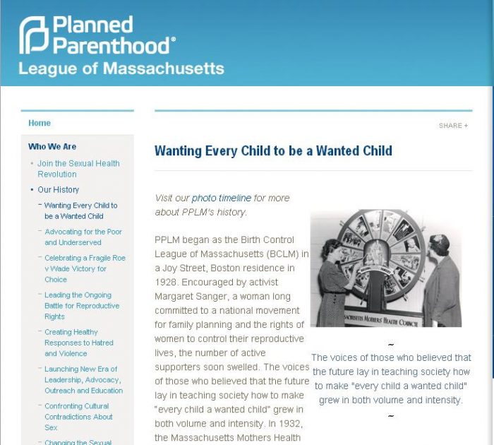 Planned Parenthood website slogan "Wanting Every Child to be a Wanted Child" 